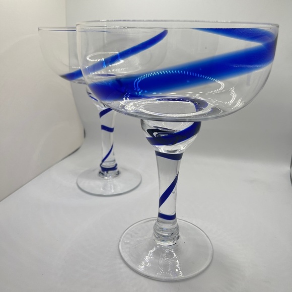 Vintage Pier 1 Blue Swirl Margarita Glasses Set of 2 - Picture 8 of 10